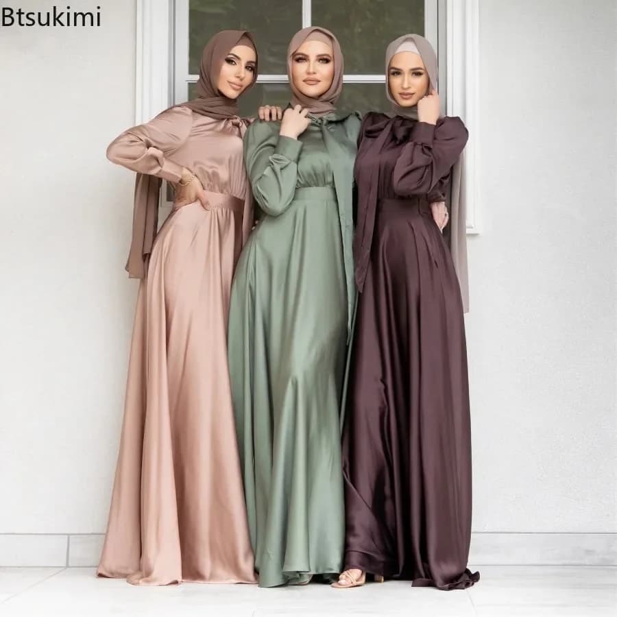 Elegant satin dress for women fashion Muslim Abaya Hijab Dubai Turquoise evening dresses caftano Arabic female Islamic clothing