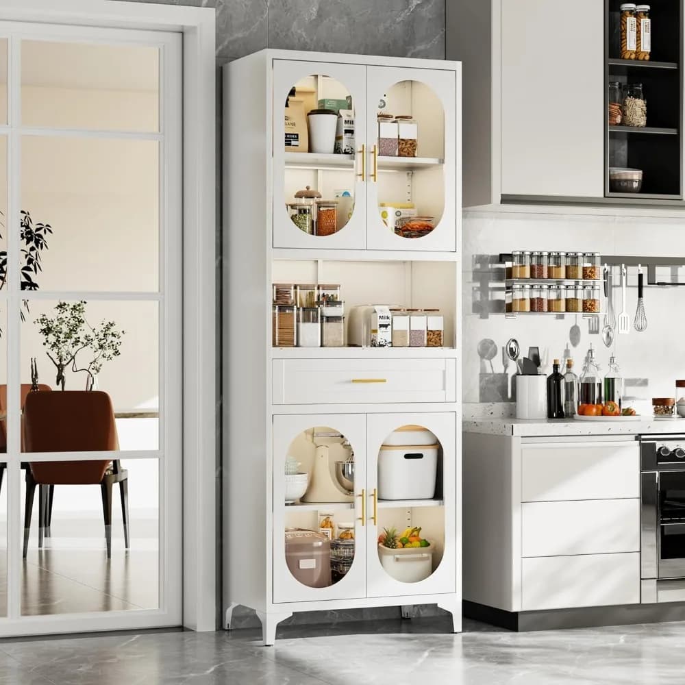 Mobiletto dispensa con 4 ante in vetro, mobiletto da cucina regolabile con 2 fori per la gestione dei cavi, mobiletto in metallo con