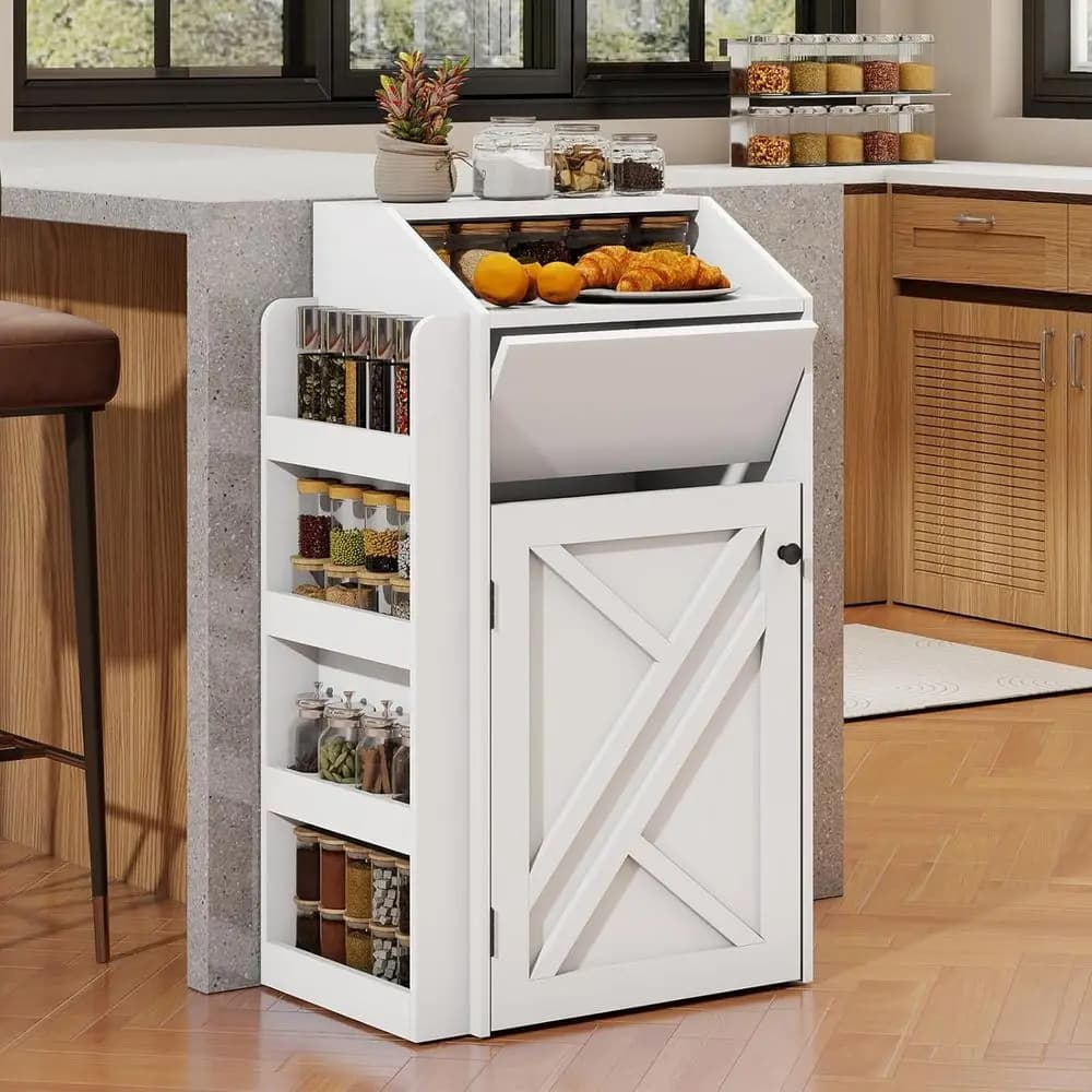 Mobiletto per rifiuti da cucina, contenitore per rifiuti autoportante con sportello a ribalta, mobiletto in legno per la raccolta differenziata, bianco