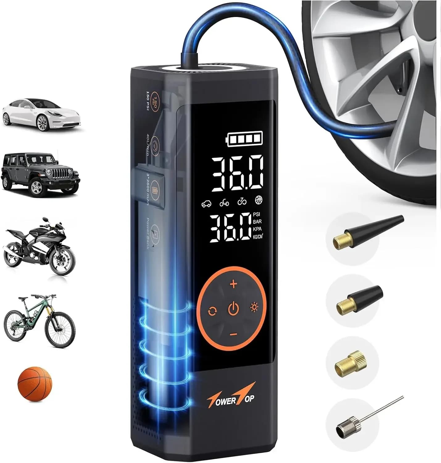 Tire Inflator Portable Air Compressor: 2.5X Faster Inflation 150PSI Cordless Tire Inflator with 7800mAh Rechargeable Battery