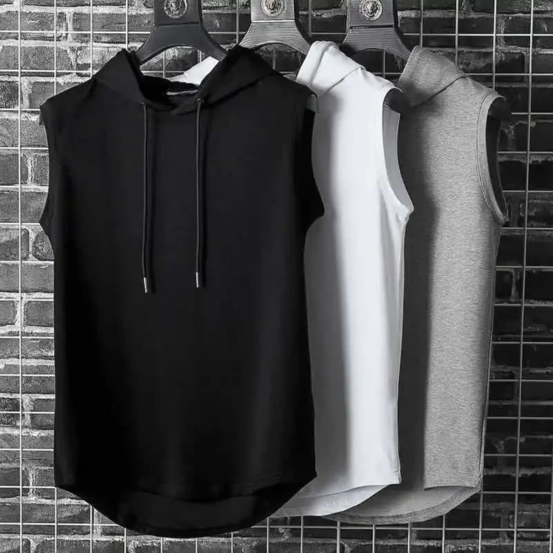 Gilet senza maniche con cappuccio da uomo con colletto allacciato T-shirt hip-hop solida allentata estiva maschile
