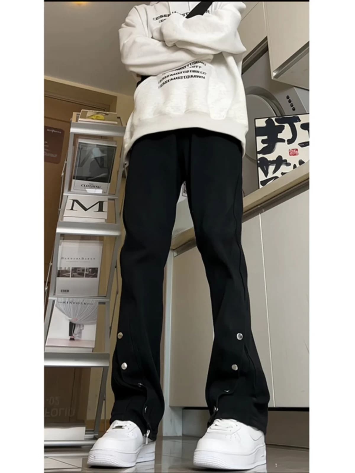 Bla Bell Bot Jeans Men's Autumn Button Design Straight Leg Long Pants American High Street Vibe Loose Fit Wear Resistant