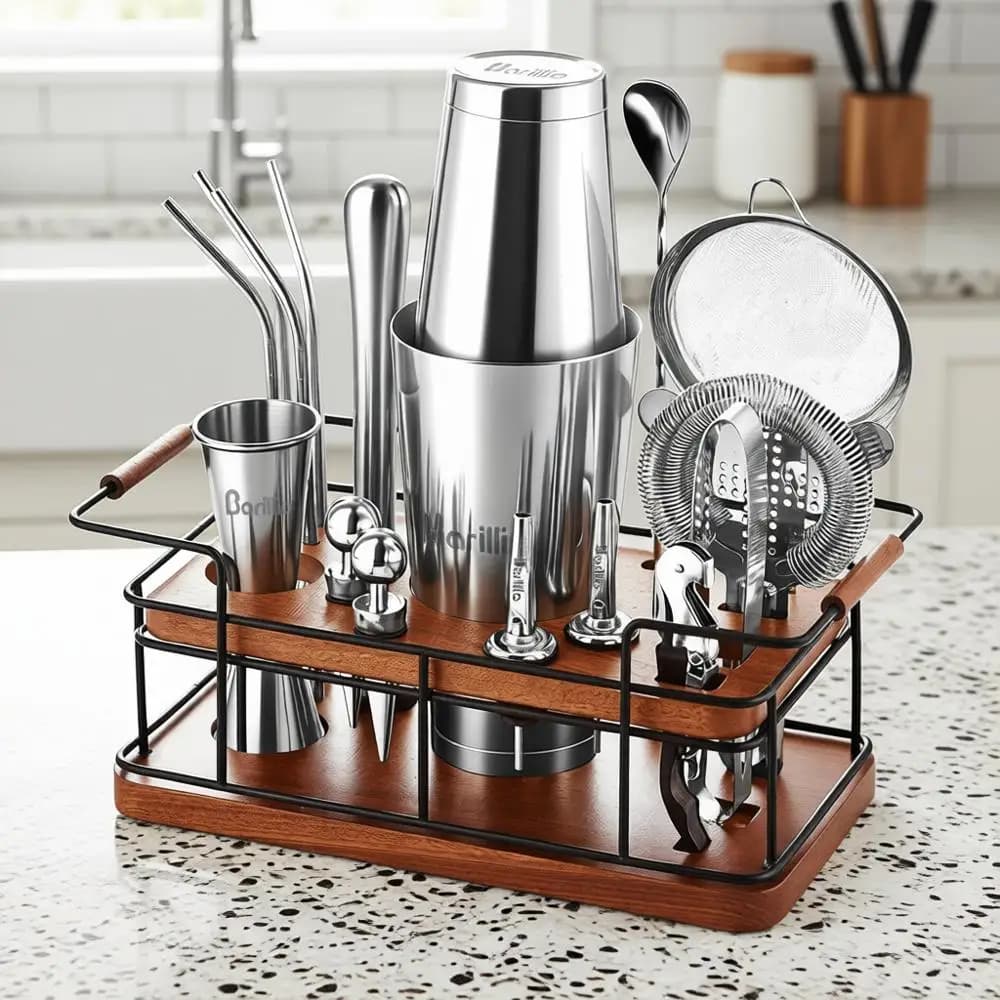 Set da Cocktail in Acciaio Inox da 23 Pezzi con Supporto Premium in Mogano Africano | Utensili per Miscelare Cocktail o per Barman Domestico | Preparati