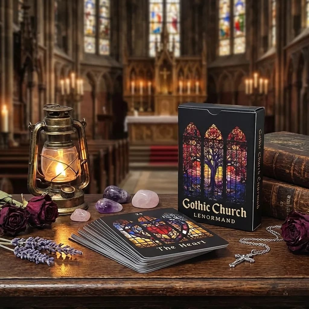 Carte Oracolo Lenormand Stile Chiesa Gotica, Mazzo da 44 Carte 9*6cm, Stile Arte Vetrata, con Carte Extra Uomo/Donna e Carte Speciali
