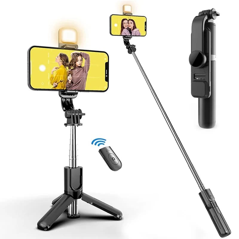 Treppiede per selfie wireless Bluetooth 3 in 1 con luce di riempimento, telecomando per otturatore, treppiede pieghevole portatile per iPhone Xiaomi Huawei