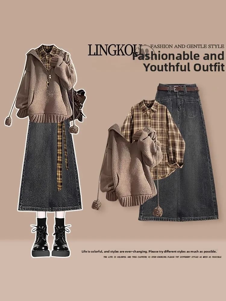 Large Size Autumn Preppy Style Women's Hat Hoodie Plaid Shirt with Retro Denim Skirt Three Piece Set Casual Fashion Ense...