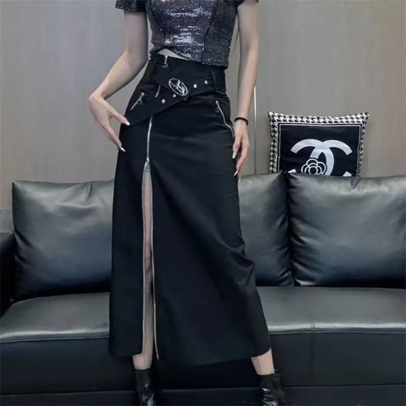 2026 New Women Dark Style High Waist Midi Skirt Fashion Zipper Split Bodycon Pencil Skirt Black Casual Skirt With Free Belt