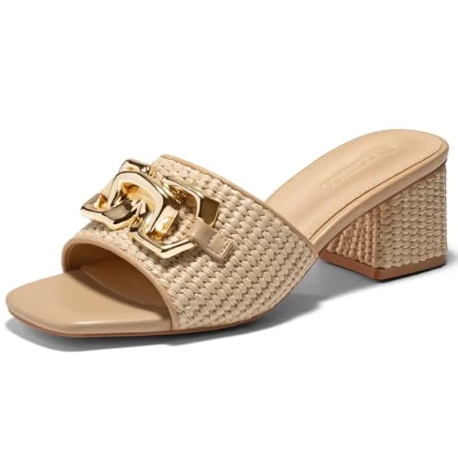 Sandali Coutgo da donna in rafia con tacco largo e plateau, punta quadrata aperta, catena in metallo, slip-on, eleganti