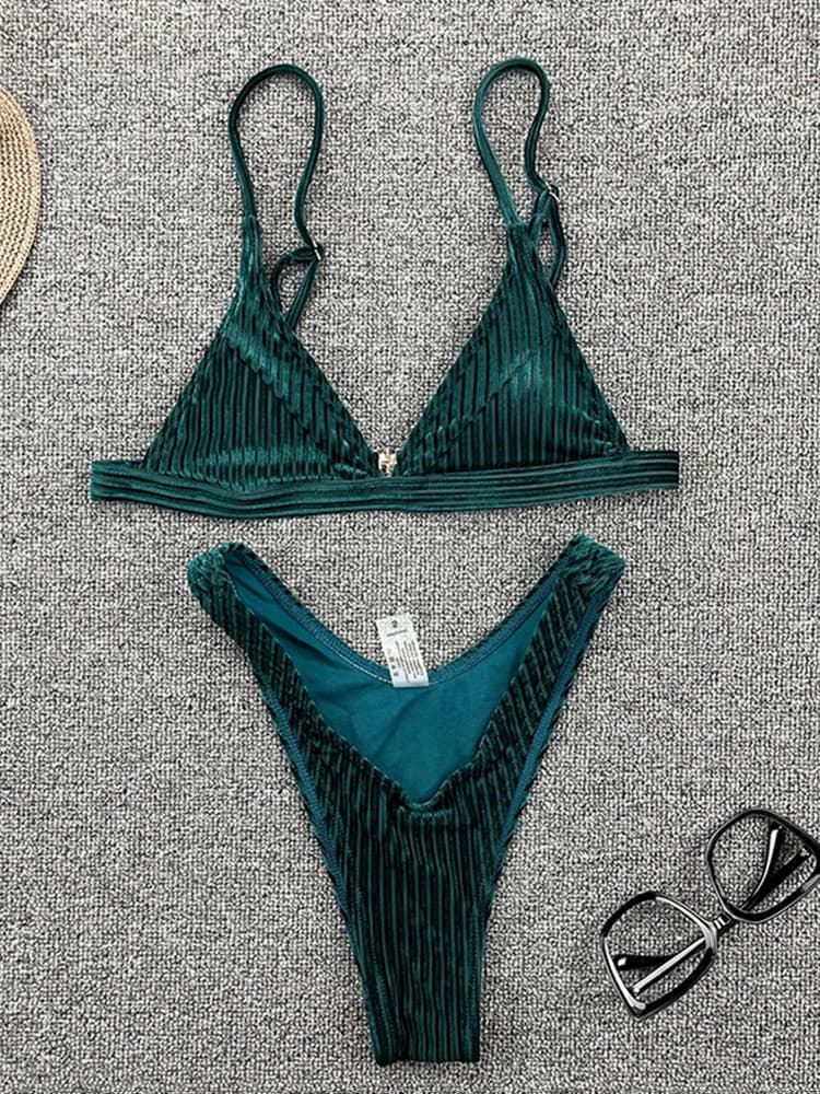Ribbed Metallic Velvet Bikini Women Swimsuit Female Thong Swimwear Two Pieces Bikini Set High Cut Bathing Suit Swim Beachwear