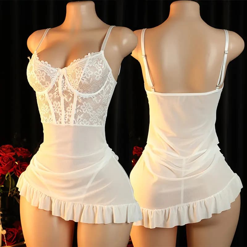 Completo Set Camicia da Notte Corta Sexy da Donna, Lingerie Seducente con Perizoma, Abito da Notte Ultra-Trasparente Senza Maniche, Bianco