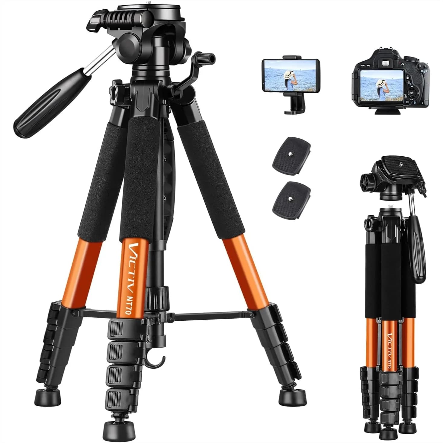 74 Inch Tripod For Camera And Cell Phone, Aluminum Professional Heavy Duty Tripod Stand With Carry Bag, 3 Way Pan Head For DSLR SLR