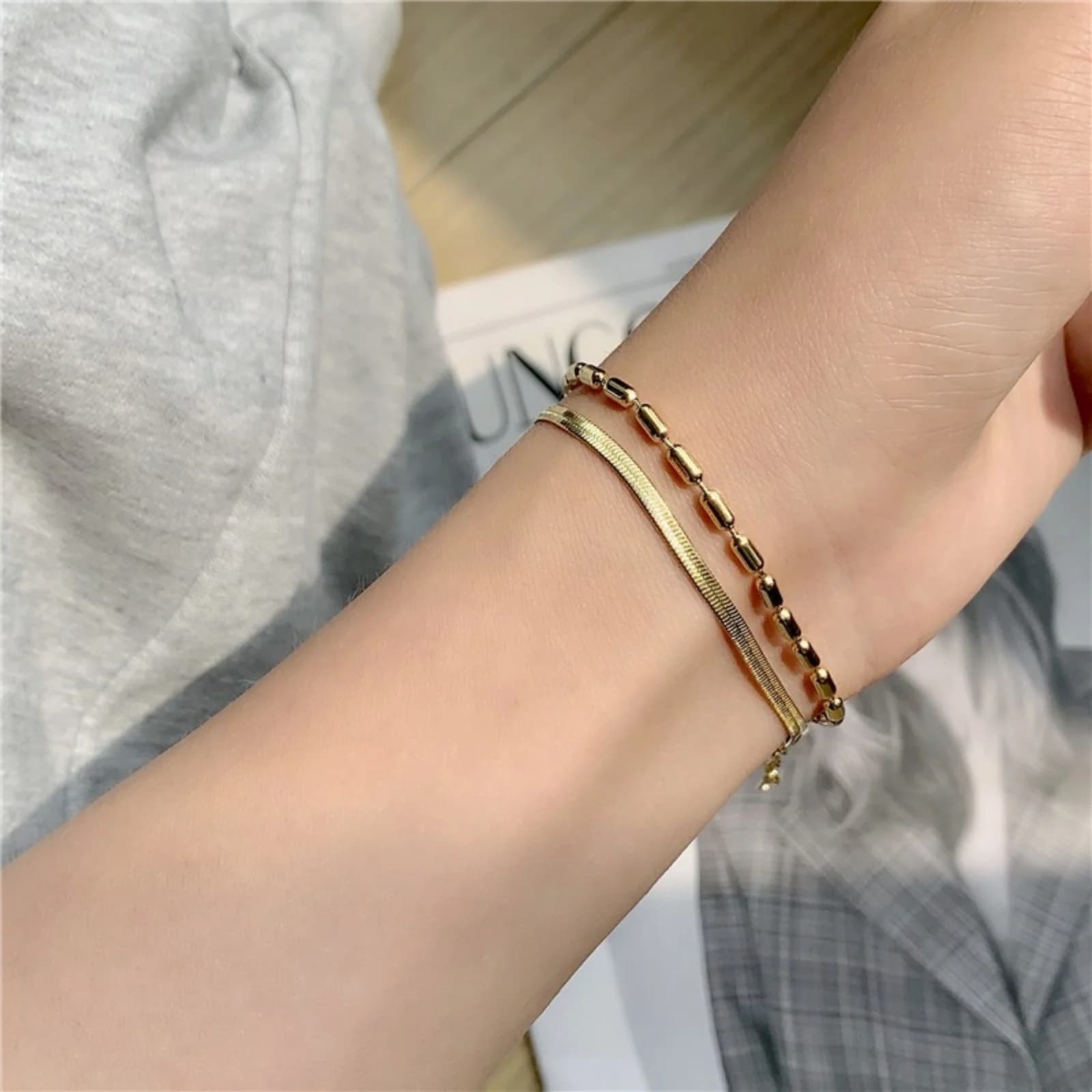 1PC Stylish Double Layered Snake Chain Bracelet Exquisite 18K 304 Stainless Steel Beads Link Jewelry For Women Gift 16cm long