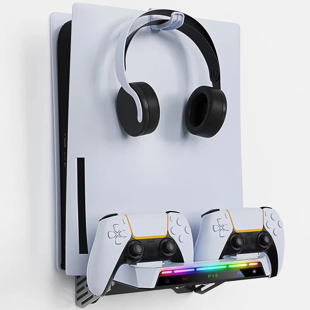Kit di montaggio a parete per console PS5/Pro/Slim con stazione di ricarica con luce RGB Gancio per cuffie per accessori per doppio controller PS5