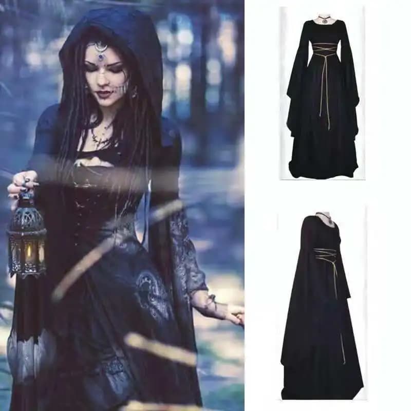 Long Sleeve Asymmetrical Waist Belt Women's Dress Halloween Costume High Waist round Neck Polyester Fiber Long Skirt Length