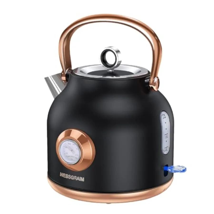 Retro Electric Kettle 1.7L Stainless Steel Tea Kettle with Large Temperature Gauge 1500W Fast Heating Hot Water Boiler with LED