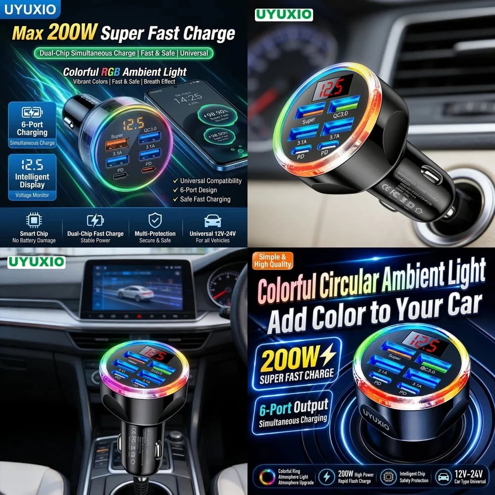 6 Ports USB Car Charger Adapter Electronics Products for iPhone 18 17 16 Samsung S26 S25 S24 with RGB Light Voltage Display