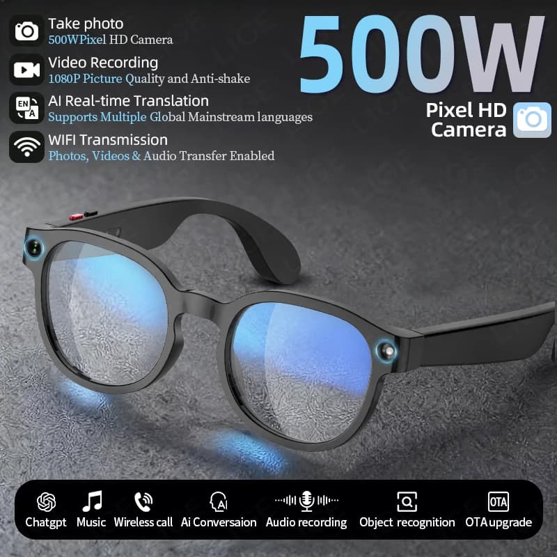 Occhiali Intelligenti LIGE AI per Fotografia e Video, Traduzione Interattiva, Occhiali da Sole Smart con Fotocamera HD da 500W per Uomo