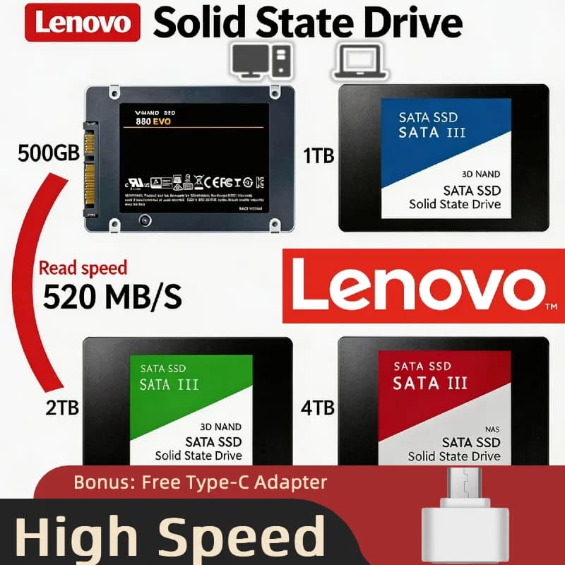 SSD Esterno Originale Lenovo 4TB, Disco Rigido Interno SATA3, Unità a Stato Solido Portatile ad Alta Velocità per Aggiornamento Dati Computer Portatile