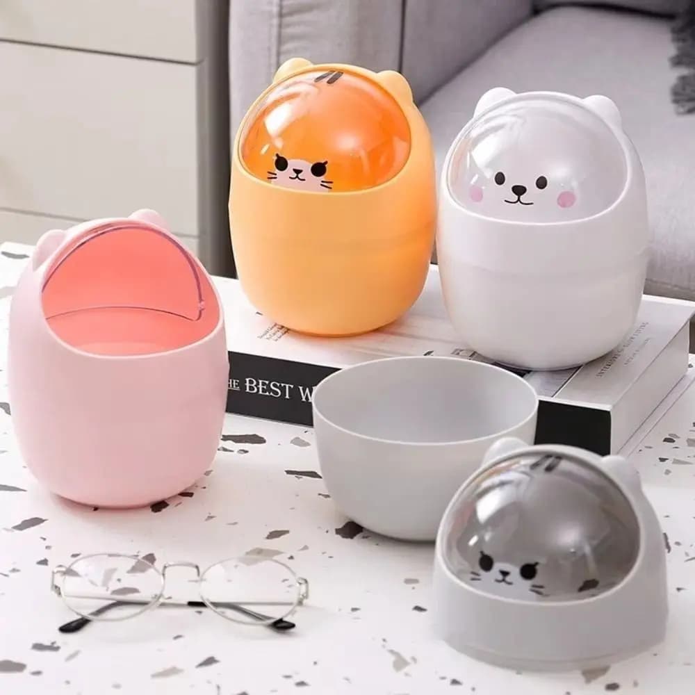 Contenitore di stoccaggio per cartoni animati alla moda, mini con coperchio, cestino per rifiuti, spazzole da tavolo, contenitore per trucco, secchio per immondizia per la casa