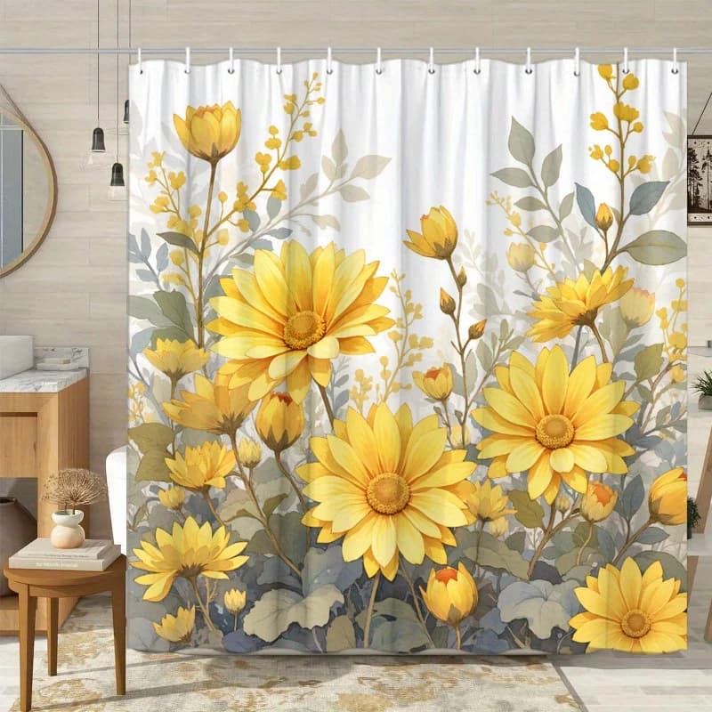 Tenda da doccia floreale con margherita gialla vibrante con fogliame verde - Tessuto in poliestere, design botanico realistico, include 12 ganci