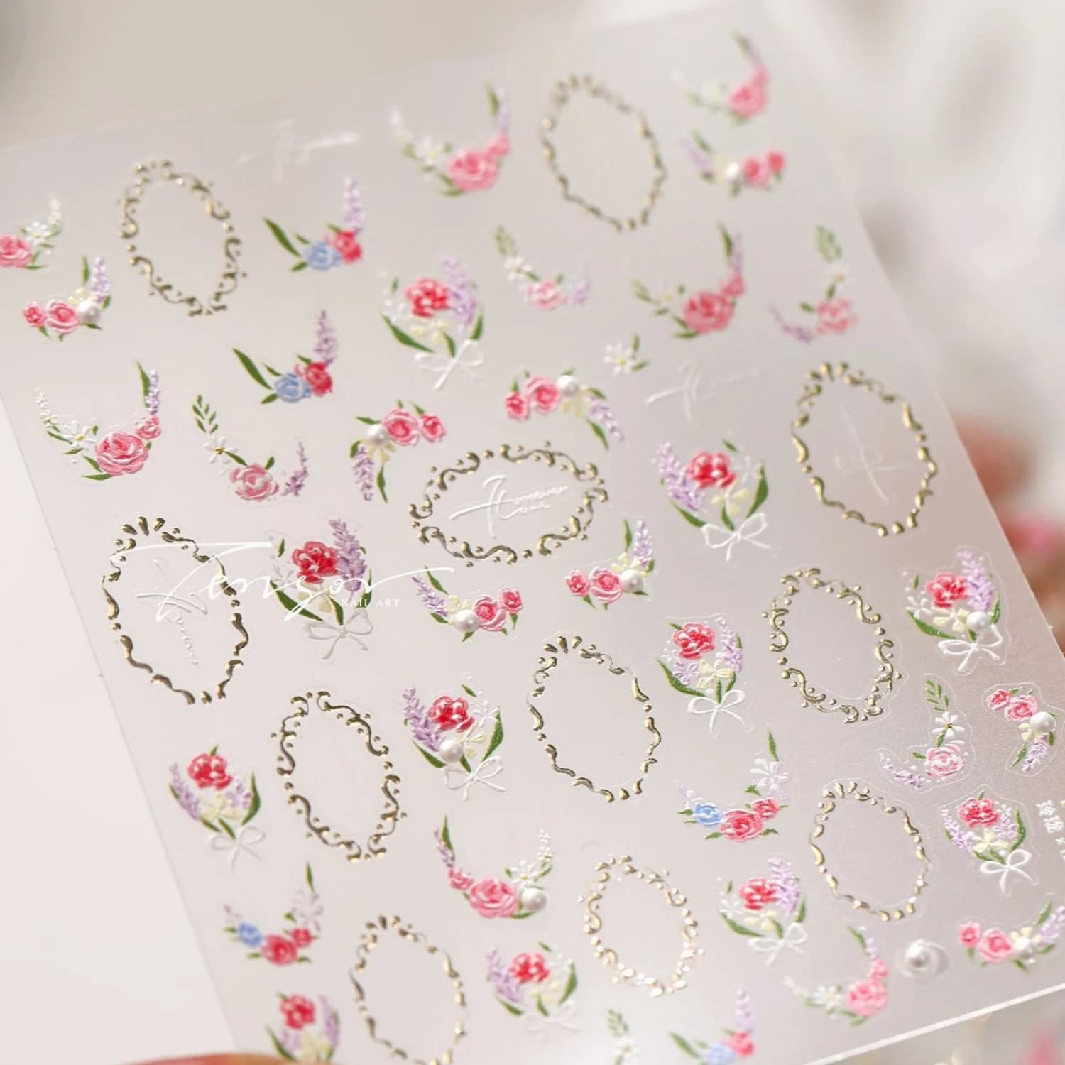 Elegant Rose Flower 5D Nail Art Stickers Antique Rose Oval Frame Floral Twig Bow Pearl French Self Adhesive Nail Decals Manicure