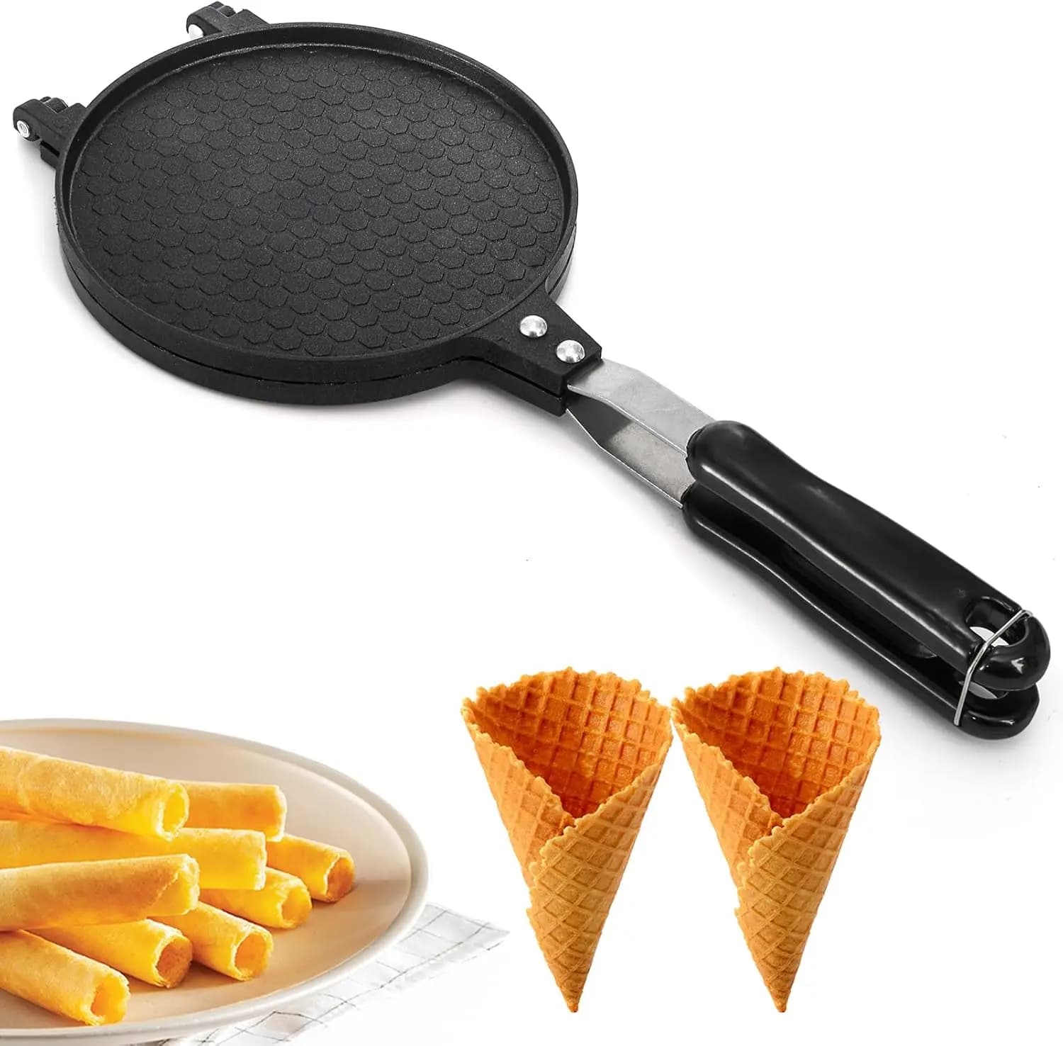 Macchina per Coni Waffle, Piastra Antiaderente per Coni Gelato, Padella per Crepes da 6,7 Pollici, Stampo per Pancake Croccanti da Campeggio