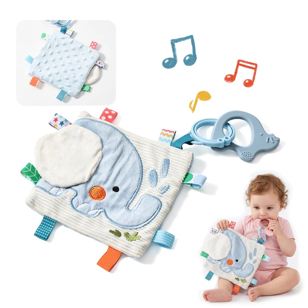 Baby Teether Elephant Baby Security Blanket Toys with Press-to-Sound, Ribbon, Crinkle, Dual-Sided Design, Ideal Newborn Gift