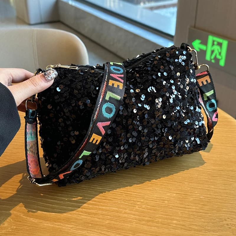 Women's sequin square crossbody bag with unique strap design, elegant small shoulder purse for special occasions and parties