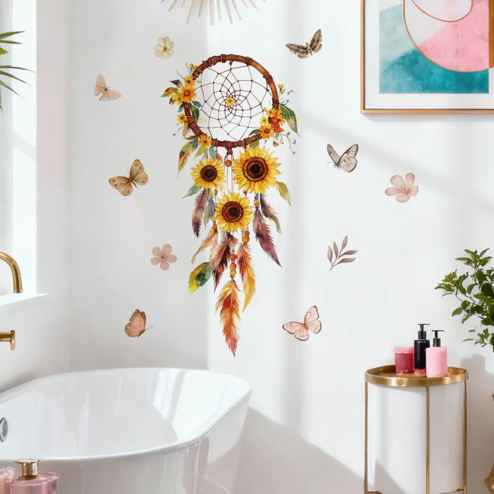 Art Wall Sticker Sunflower Dream Catcher Watercolor Mural Self Adhesive Home Ornament For Study Kitchen Entrance Wall