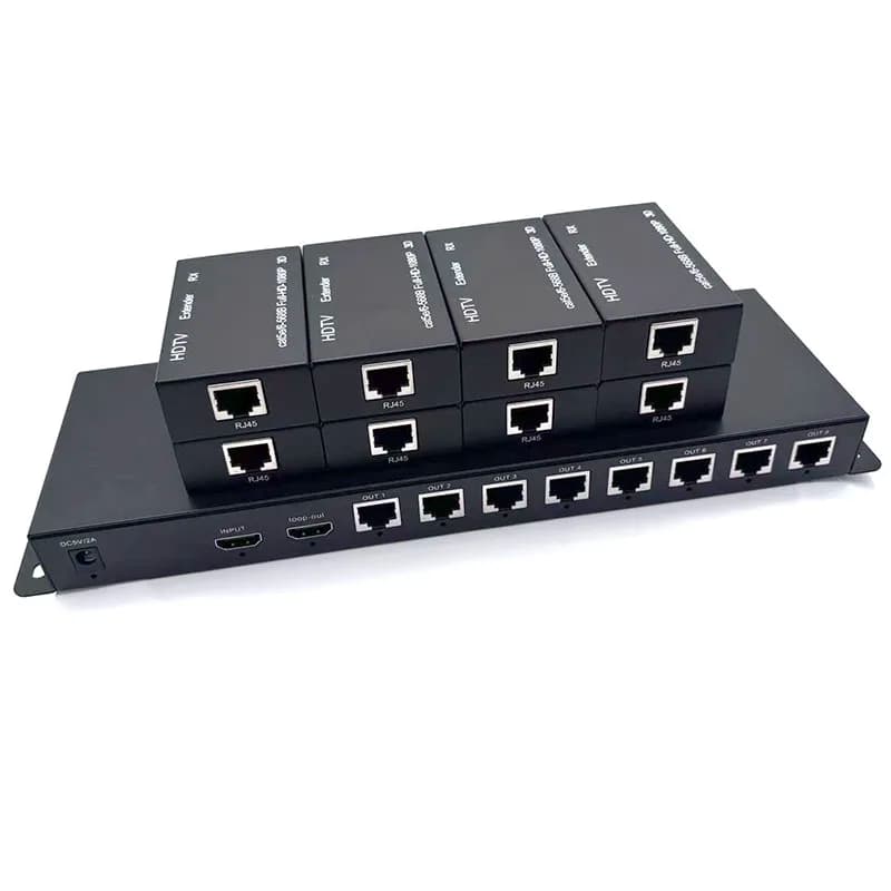 1x8 HDMI Extender Splitter 1080P@60Hz Over Cat5e Cat6 Ethernet Cable 60m with POC Function 1 in 8 Out Multi Screen Copy Display