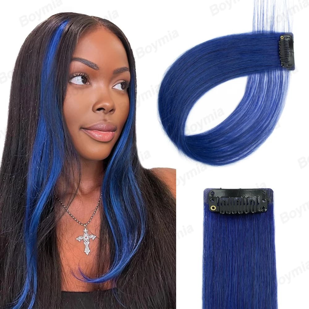 Extension per Capelli Colorati in Capelli Umani, 16 Pollici, Blu, con Clip, per Donne e Bambini, Trecce Arcobaleno, 1/6/12 Pezzi