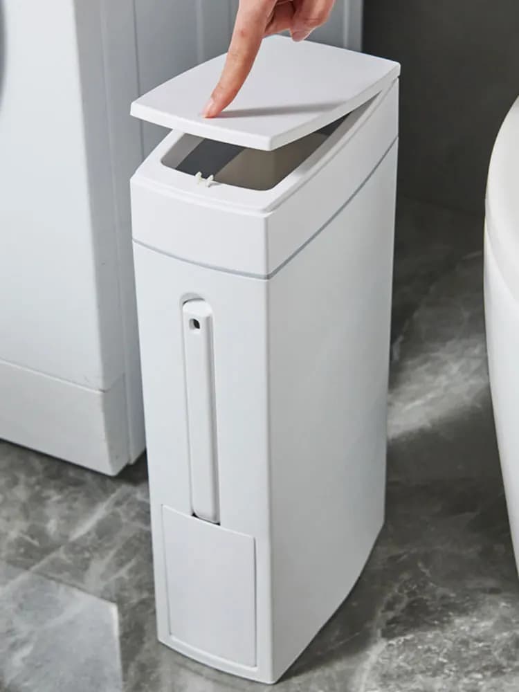 Slim Trash Can with Cleaning Brush and Lid Garbage Bin Plastic Waste Basket for Bathroom Narrow Space