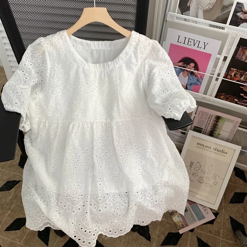 Moda scava fuori ricamo bianco camicette da donna manica corta Casual camicie larghe estate eleganti top con maniche a sbuffo