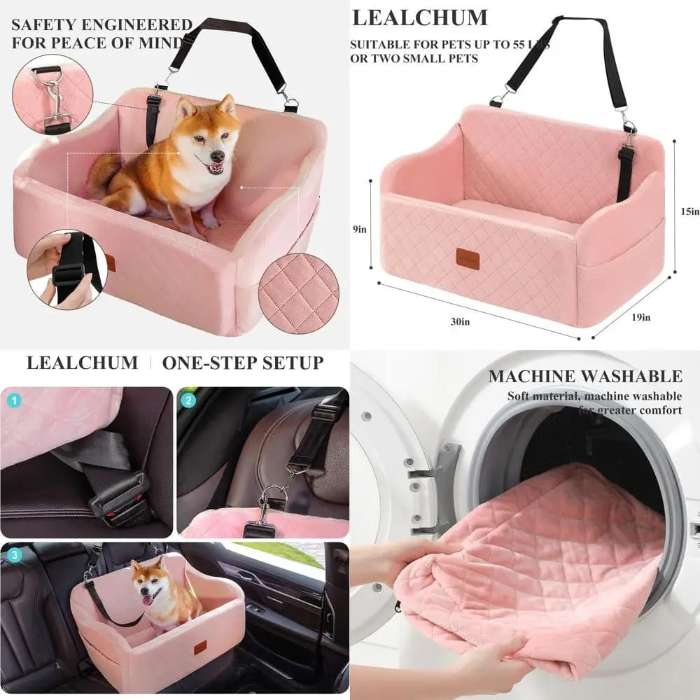 Sedile Auto per Animali Domestici Grande Rosa con 2 Guinzagli di Sicurezza, Rimovibile e Lavabile, Adatto per Cani di Taglia Media/Grande