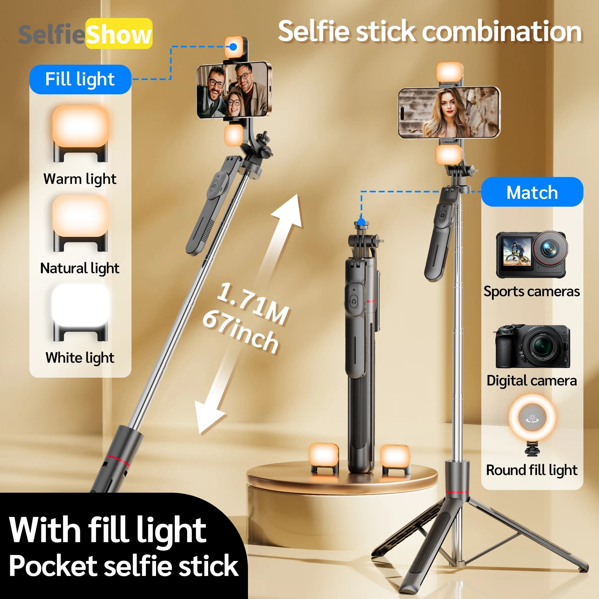 Treppiede allungabile Selfieshow F16 360 ° Ruota sparare selfie stick con luce di riempimento Bluetooth remoto vite da 1/4'' per fotocamera di telefoni