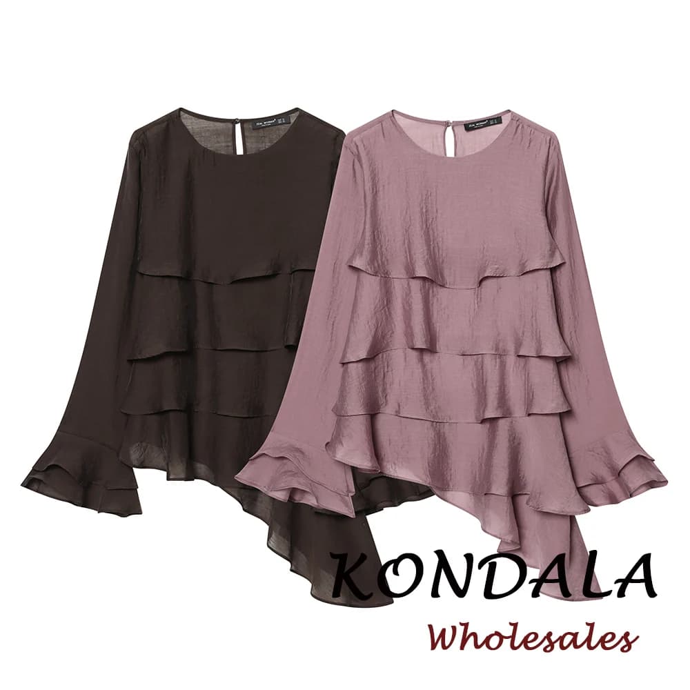 KONDALA Chic Solid Brown Asymmetric Tiered Fashion 2026 Spring Blouse O-Neck Elegant Shirt Flare Sleeve Party Pink Female Shirt