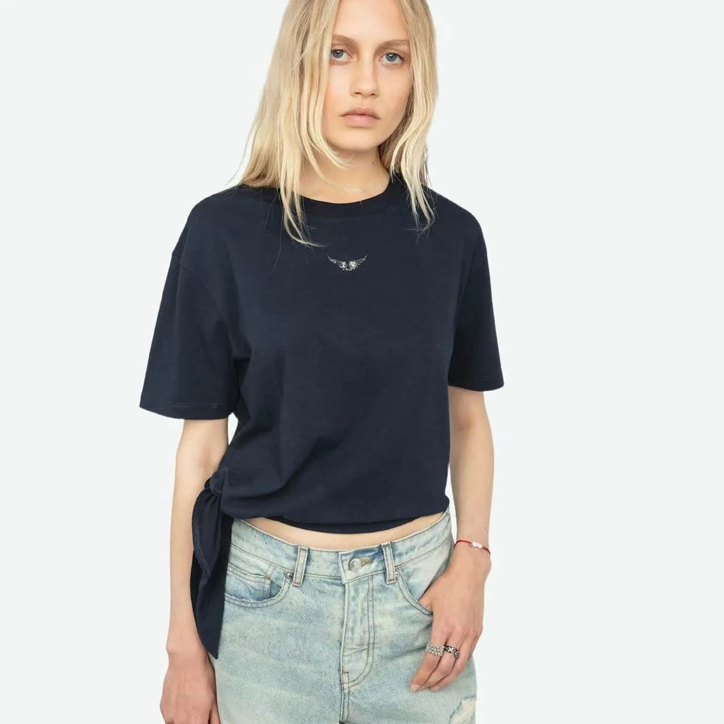 Summer Casual Women's T-shirt Irregular Cut Short Sleeve Wing Rhinestone Top Soft Comfortable Breathable Lightweight Cotton
