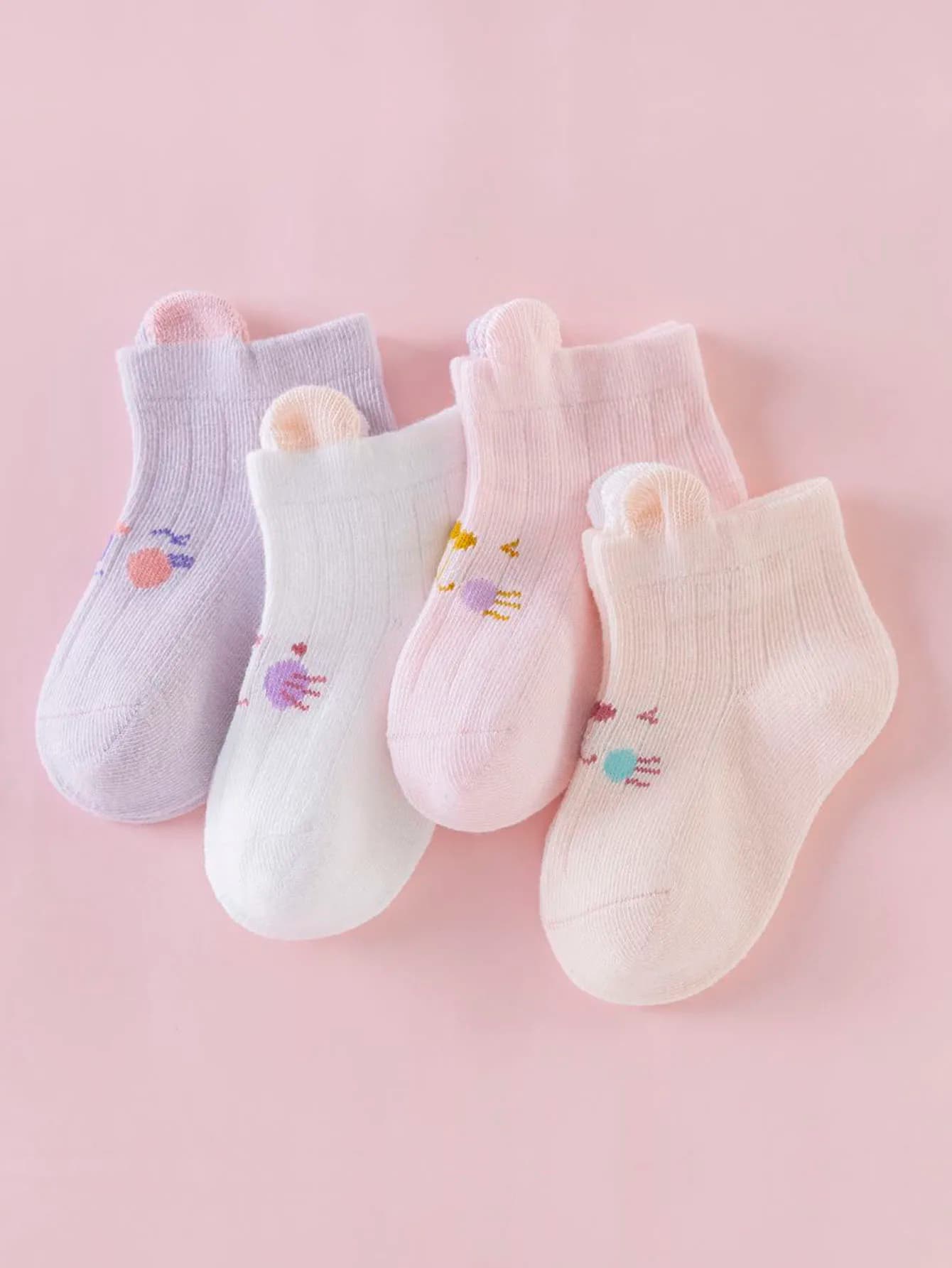 4 pairs of cute cartoon short socks for baby girls, with three-dimensional small ear design, soft and comfortable, very suitable for infants and young children to wear