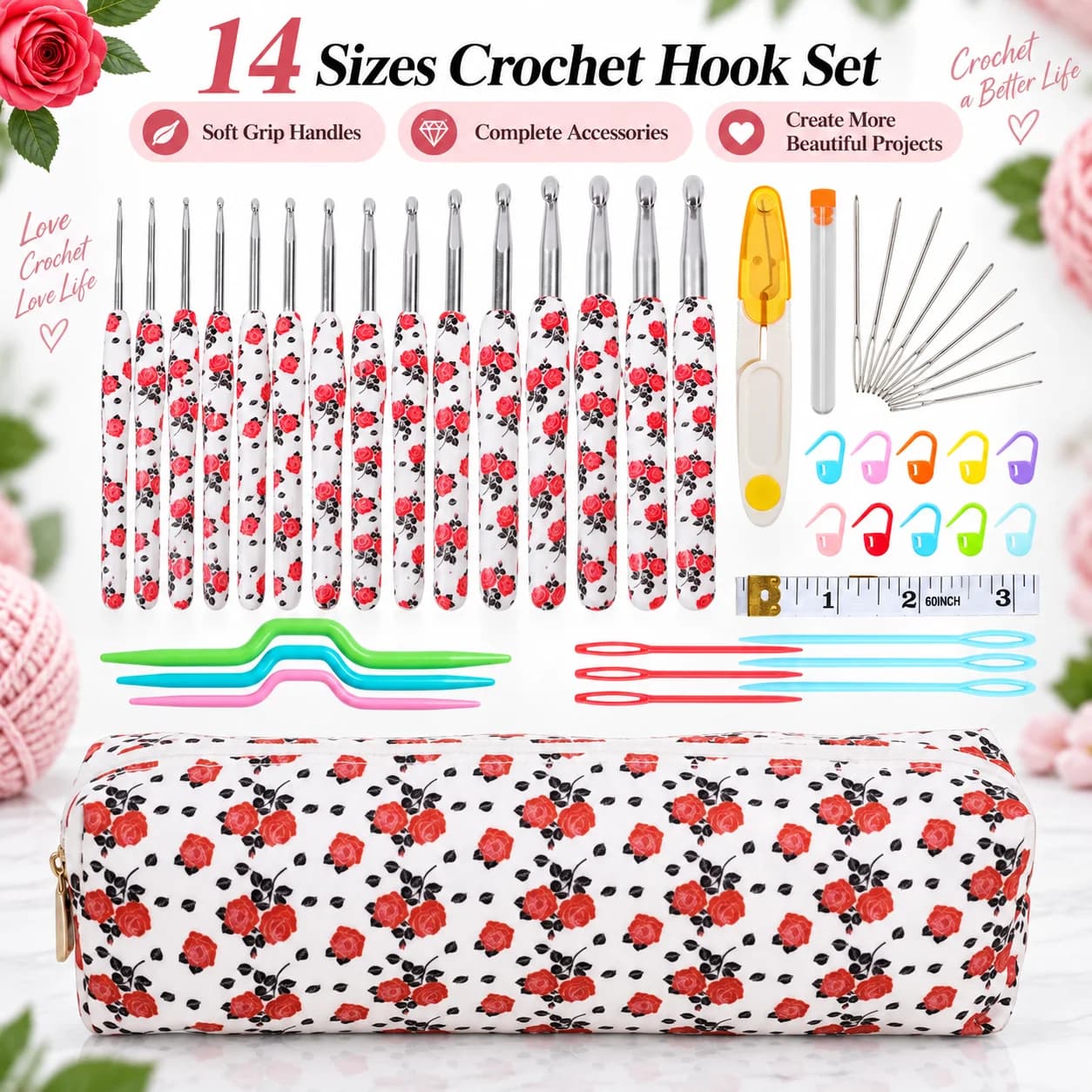 1Set 2.5-10.0mm Rose Crochet Hooks Crochet Needles for Beginners and Knitting Crocheting Yarn DIY Crafts Supplies