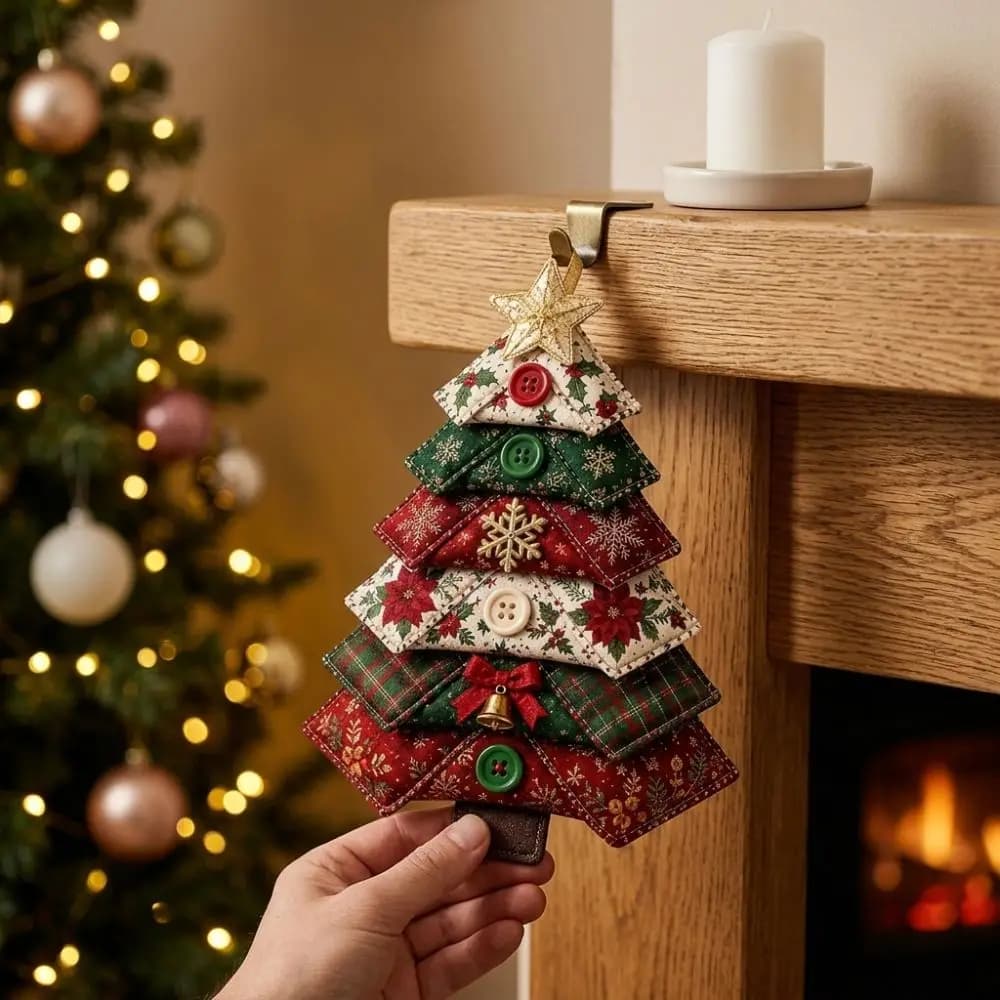 Handmade DIY Quilted Christmas Tree Kit Hand Sewing Soft Fabric Tree Ornament DIY Sewing Kit Vintage Print Country Farmhouse