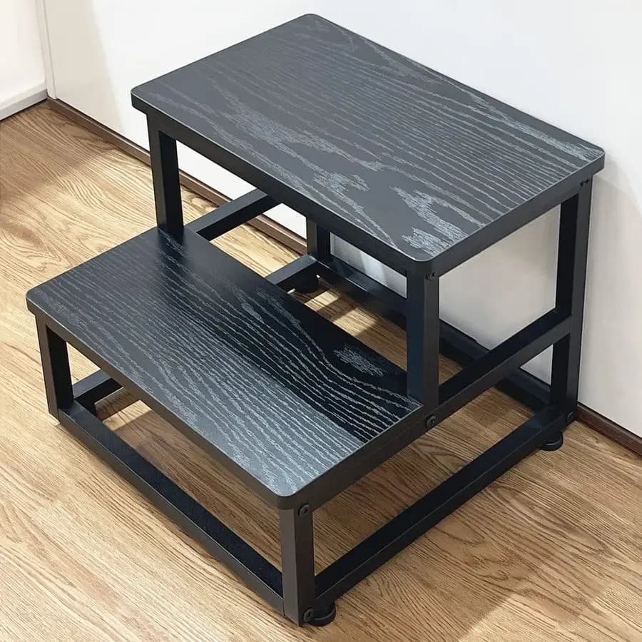 Sgabello, Gradino per Letti Alti con Angoli Arrotondati, Sgabello a 2 Gradini per Adulti, Sgabello in Metallo e Legno per Cucina B