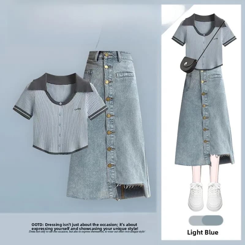 Summer Casual Knitted Neck Slim Fit T-Shirt And Denim Skirt Two-Piece Set Women's Fashion Ensemble Breathable