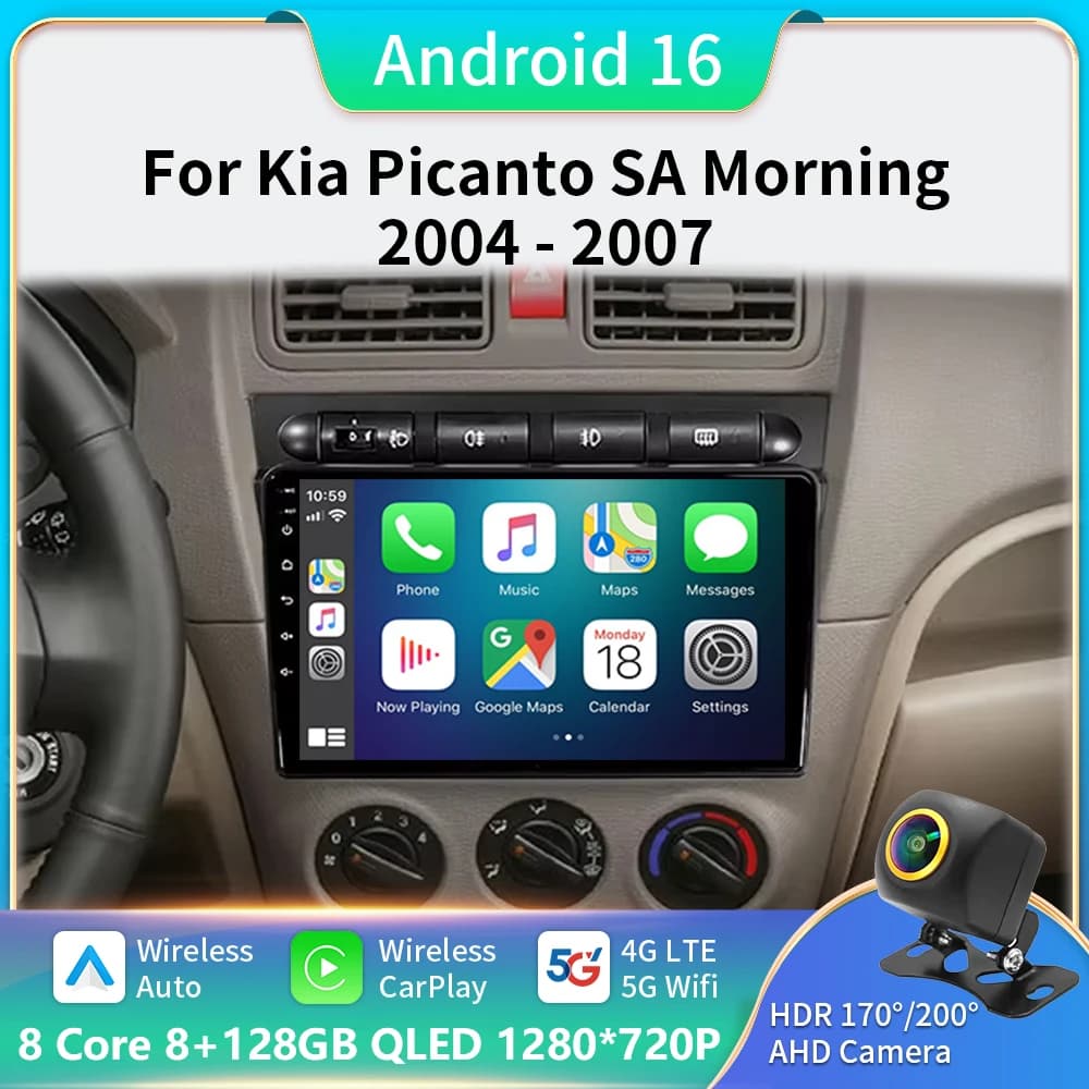 Android 16 Autoradio Per Kia Picanto SA Morning 2004 - 2007 Lettore Multimediale Stereo GPS WIFI + 4G wireless Carplay Auto video DSP