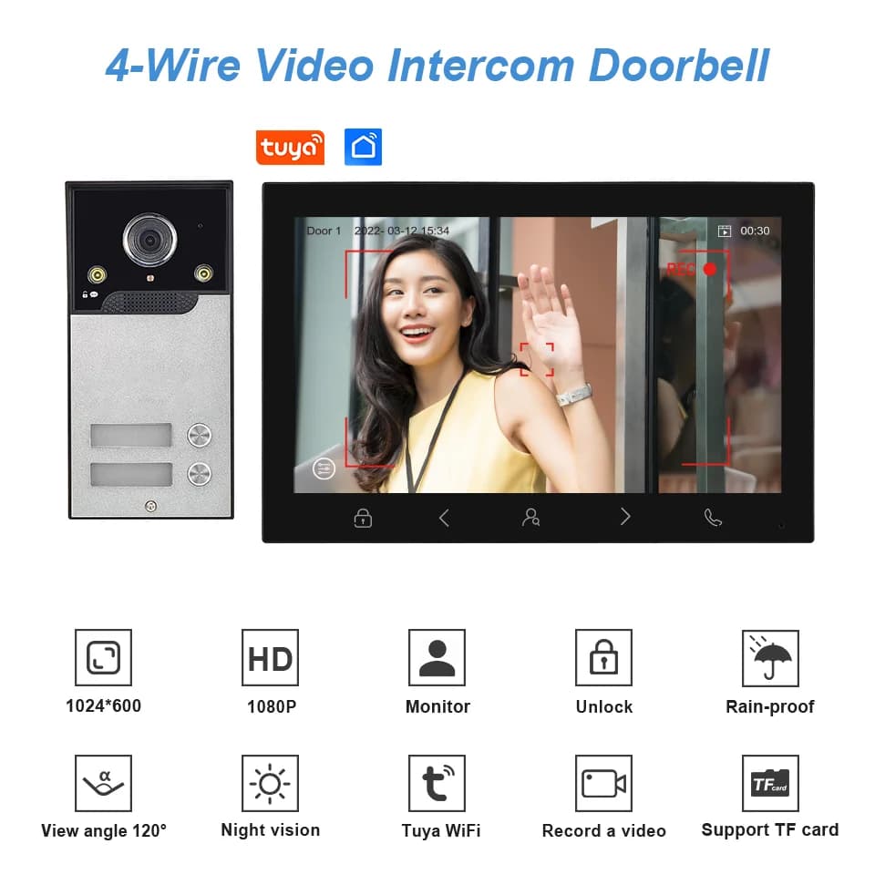 Sistema videocitofonico Tuya WIFI da 10 "grande schermo per 2-4 unità Scheda password AHD 1080P per opzione Videocitofono Sistema campanello
