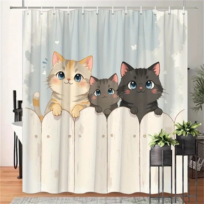 Tenda da doccia per gatti simpatico cartone animato da 1 pezzo: gatti giocosi dietro la recinzione, poliestere azzurro, 70,8x70,8 pollici, 12 ganci, lavabile, durevole