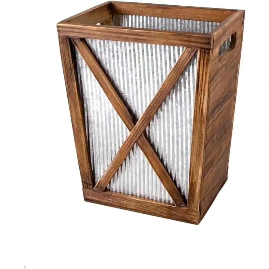 Rustic Wooden Trash Can With Galvanized Metal Panel Farmhouse Style Wastebasket