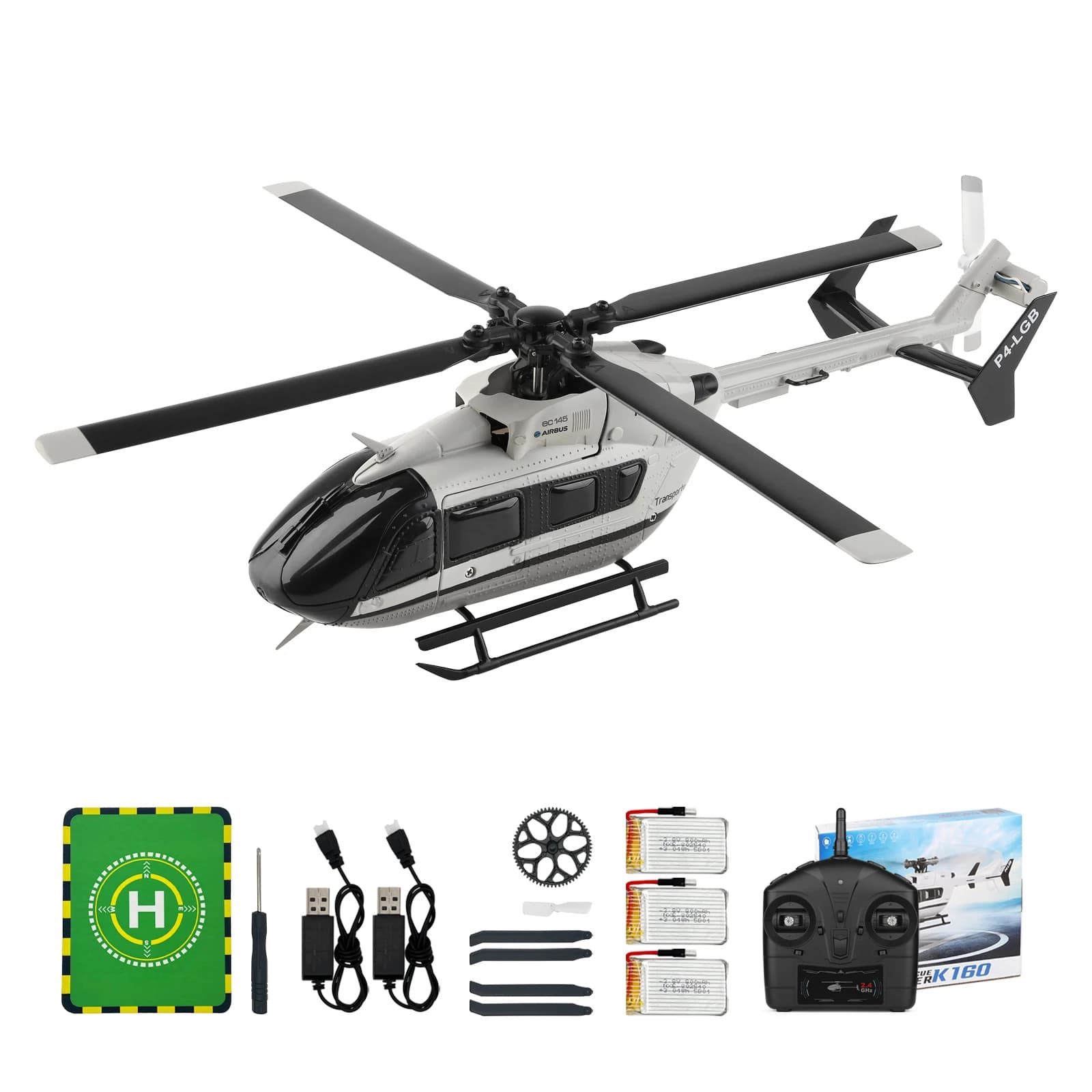 Elicottero RC WLtoys XK K160 EC-145 (Airbus), elicottero RC brushless a 4 canali, decollo/attesa con una chiave con 3 batterie, RTF