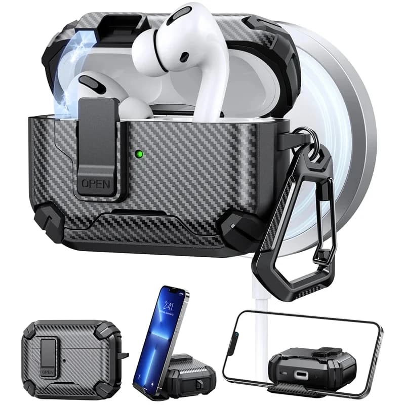 Safety Lock Carbon Fiber Phone Holder Bluetooth Headset Cover For AirPods 4 Pro 3 2 Anti Fall Protective Earphone Case With Hook