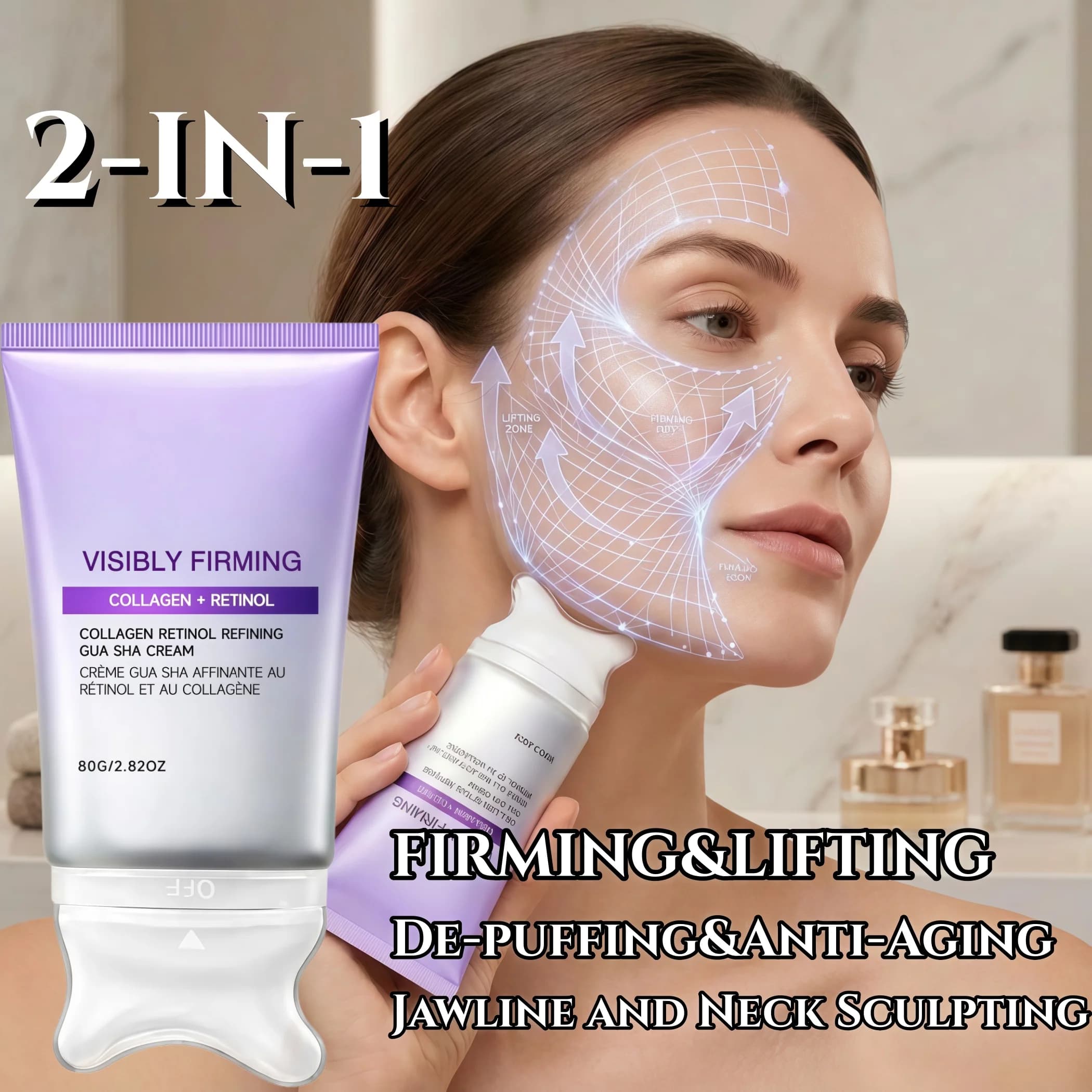 Retinol Collagen Firming Gua Sha Cream Built in Gua Sha Massager Head,Anti-Aging Wrinkle &Remover Double Chin Reducer&Jawline Sculpting,Intense Hydration&Microcirculation Boost&De Puffing,On/Off Lock Feature,For Facial&Neck,Gift For Woman