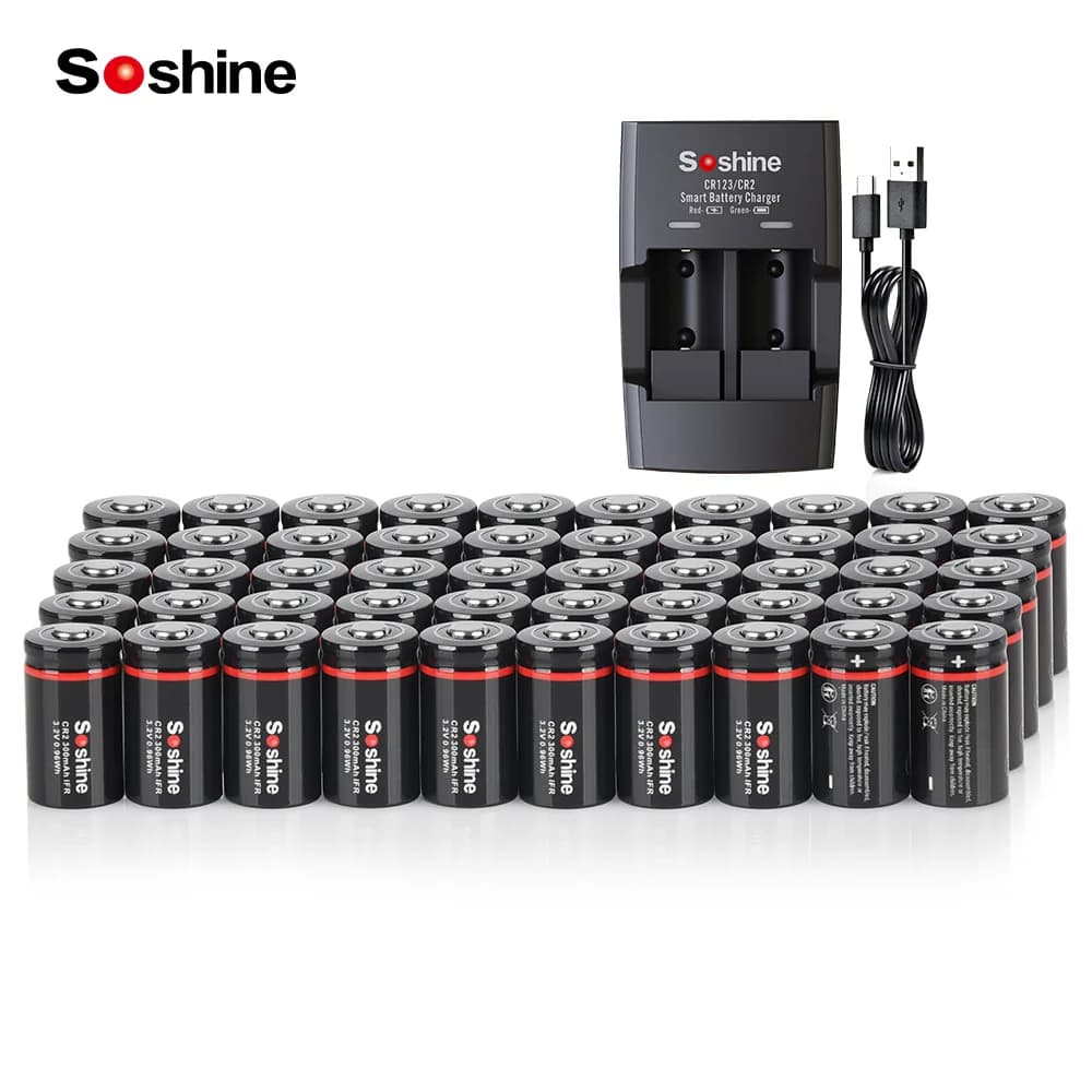 Soshine 50 pz 3.2V 300mAh batteria LiFePo4 batteria ricaricabile CR2 e caricabatterie per telemetri telescopi allarmi di fumo elettrici